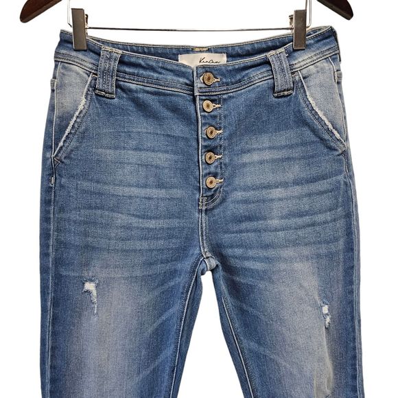 KANCAN High Rise Flare Jeans Bell Bottom Raw Hem Button Fly Boho 9/28 - Picture 2 of 5